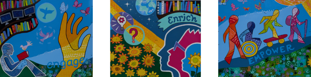 Three square colored graphics with a theme of reading and learning to grow your brain.