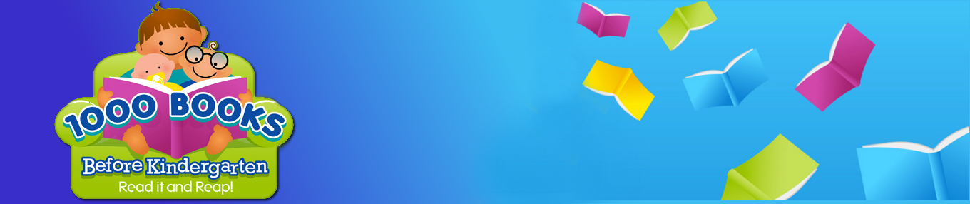 a colorful, illustrated header image of the 1000 Books Before Kindergarten logo, includes a child sittings in a chair reading a book and books of different colors flying in the background