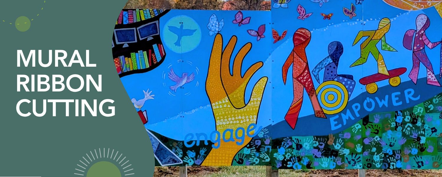 Graphic advertising a ribbon cutting event for the library's new mural