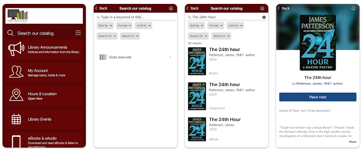 four image cards that display different screenshots of the library mobile app home screen