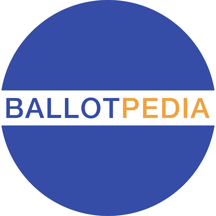 blue circle with a thick white line that cuts horizontally through the middle, text in the white line reads: Ballotpedia