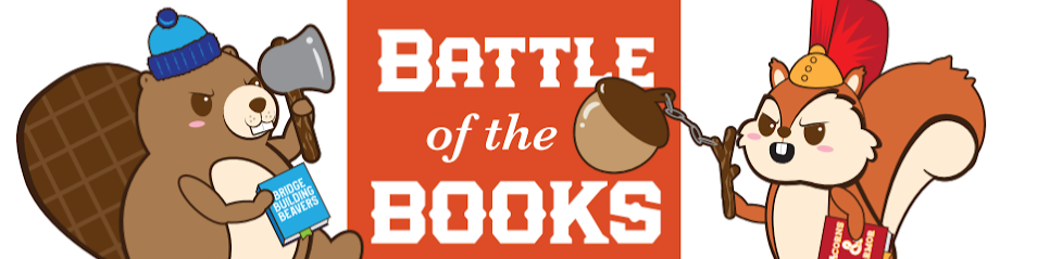 DDL battle of the books logo, includes a cartoon illustration of a beaver  holding an ax and a book, and a squirrel holding a book and a mace, the animals face text that reads: Battle of the Books