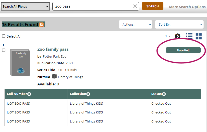 a screenshot of a library zoo pass from the library catalog with a button circled that reads: place hold