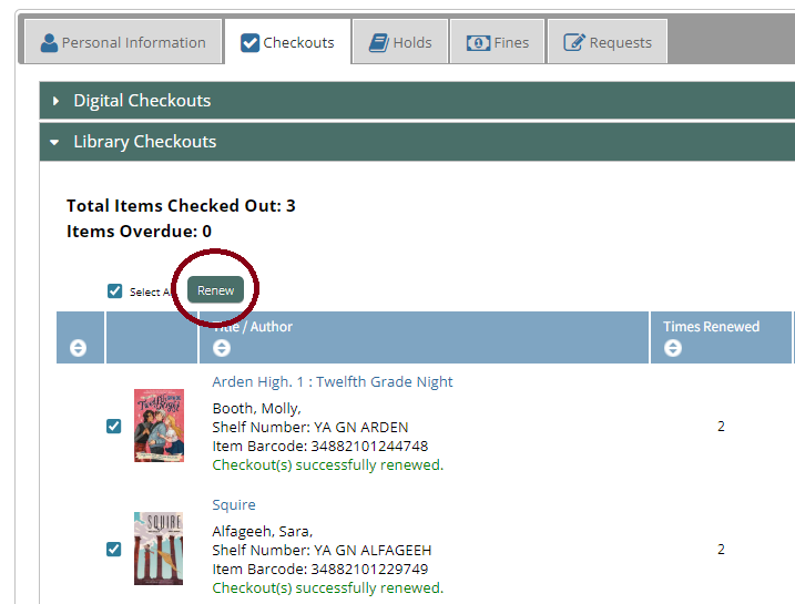 a screenshot of an online patron account, showing a list of items checked out, and a button circles that reads: renew