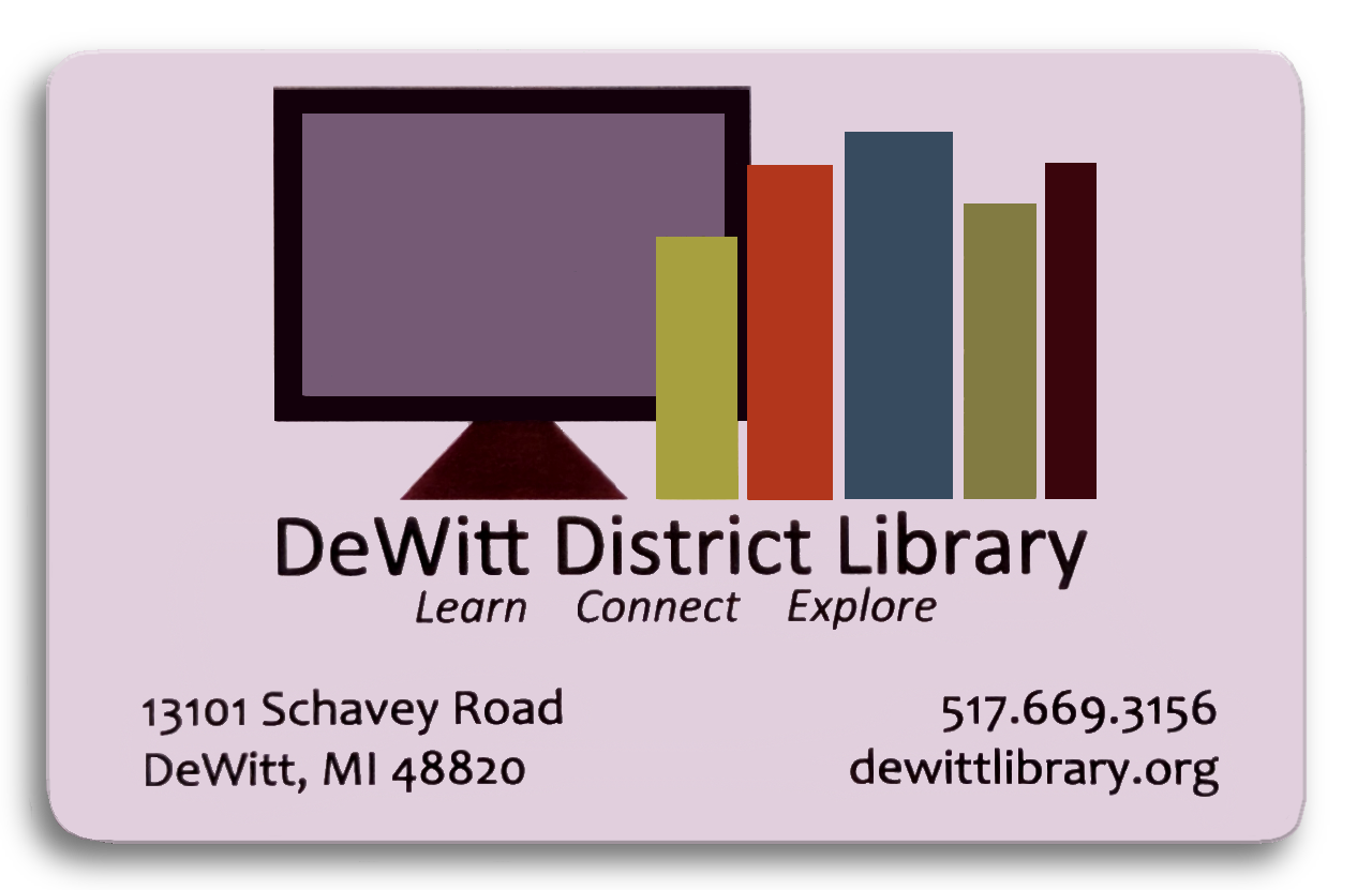 DeWitt District Library card with library logo of a simplified computer monitor and five colored rectangles representing book spines standing in a row