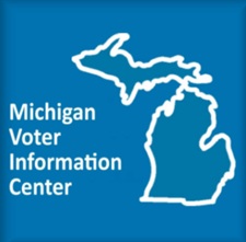 blue square with the white outline of the state of Michigan and text that reads: Michigan Voter Information Center