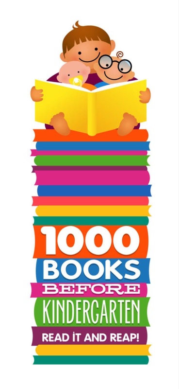 colorful, vertical, logo image for the 1000 Books program, includes a child sitting atop a pile of books reading