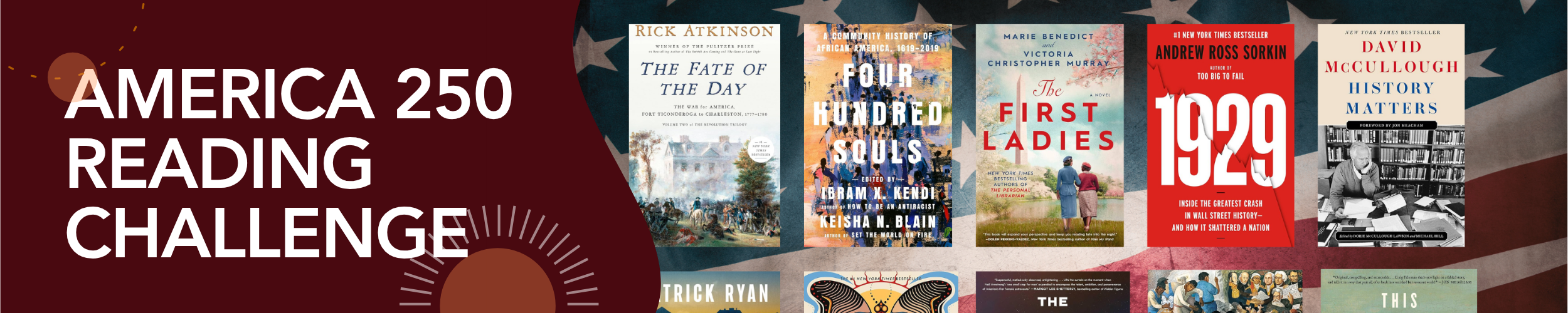 Book covers against a U.S. Flag