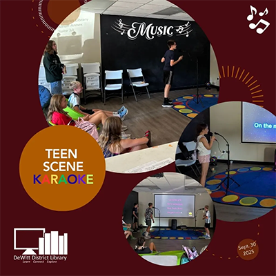 Collage of three round images. Teens doing karaoke at the library.