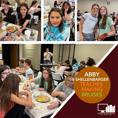 Collage of three smaller images and one larger image. Young adults at the library learning how to make body bruises with makeup for Halloween.