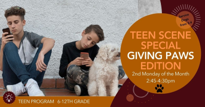 Picture of two teens on their phone with a white dog.