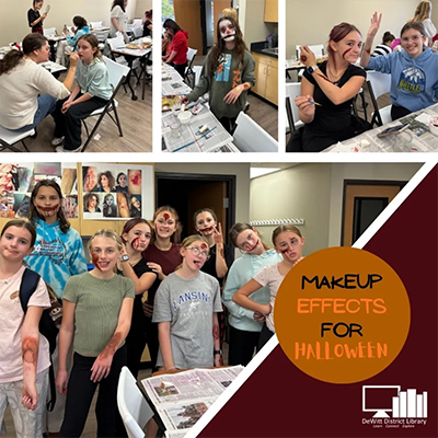Collage of three smaller images and one larger image. Young adults at the library learning how to make body bruises with makeup for Halloween.