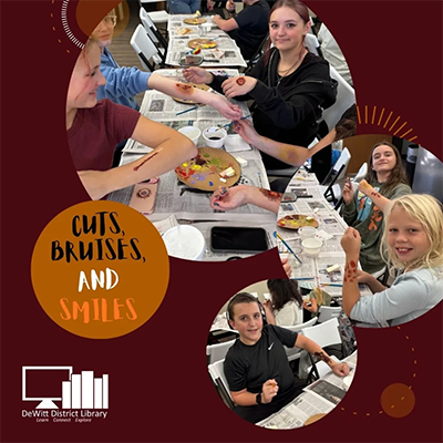 Collage of three round images. Young adults at the library learning how to make body bruises with makeup for Halloween.