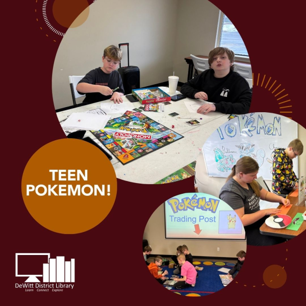 3-Picture collage of teens making a craft, playing a game and trading Pokémon.