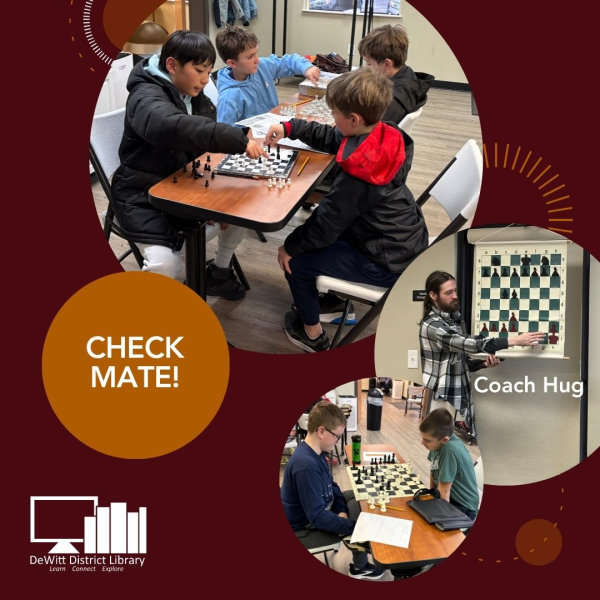 3 picture collage of kids playing chess and instructor showing a move