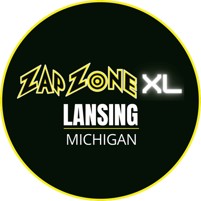 black circle with the Zap Zone XL logo text in yellow and white text that reads Lansing, Michigan