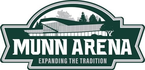logo for Munn Arena, green, gray, and white, shows a simple rendering of the arena building and text that reads: Munn Arena, expanding the tradition