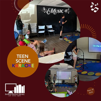 Collage of three round images. Teens doing karaoke at the library.