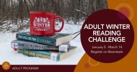a stack of library books outside in snow with a red mug a top of the pile, the mug reads: Winter Reading Challenge 2026