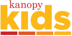 'kanopy' in red text. 'kids' in yellow bold text. four color bars fading from red to yellow from left to right.
