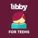 Libby For Teens database logo with a maroon background, white text, a teal book, and a person behind the book.