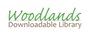 Green and brown text reading 'Woodlands Downloadable Library' on two lines.