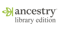 Grey text reading "ancestry library edition" on two lines. There is a green leaf icon on the left of the word "ancestry".