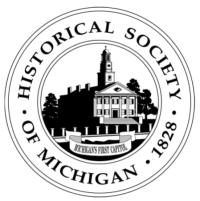 black and white illustration of the Michigan Capitol building encircled by text that reads Historical Society of Michigan, 1828