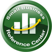 green circle with bar graph icon of three white rectangles and a yellow arrow in the middle.  Text encircling the icon reads: Small Business Reference Center