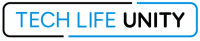 blue and black text that reads: Tech Life Unity, surrounded by a black and blue border line