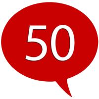 red speech bubble with the number 50 in white text
