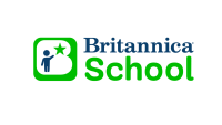 Blue and green text that reads Britannica School, with a green square to the left of the text that contains a blue icon of a person and a star