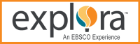 orange rectangle with text inside that reads: explora, an EBSCO Experience, an abstract hot air balloon shape appears in place of the letter "o"