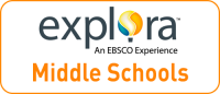 orange rectangle with text inside that reads: explora, an EBSCO Experience, Middle Schools, an abstract hot air balloon shape appears in place of the letter "o"