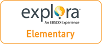 orange rectangle with text inside that reads: explora, an EBSCO Experience, Elementary, an abstract hot air balloon shape appears in place of the letter "o"