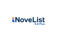 NoveList K-8 logo, dark blue text that reads NoveList K-8, 3 colored abstract shapes stacked to the left of the text