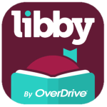 Libby by Overdrive maroon background, white text, and a teal colored book.