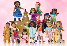 Pink background with a large collection of American Girl dolls standing around a gold star.