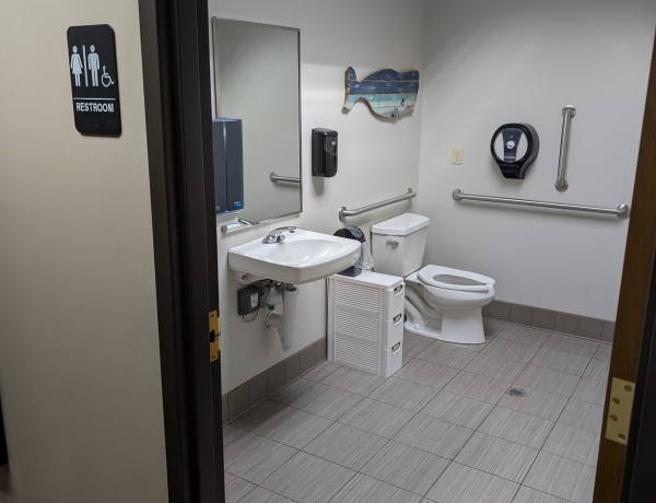 opened door to a unisex, accessible restroom showing a single, open room, with a sink, mirror, toilet, and mounted support rails.