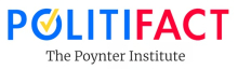 politifact logo includes blue and red text of the name, a yellow checkmark in the center of the "O" and additional text that reads: The Poynter Institute