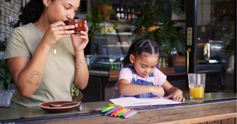 Mother and daughter drinking coffee and drawing