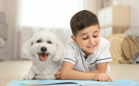 boy reading to dog