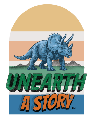 dinosaur over the words unearth a story