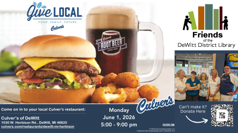 Event Graphic for Culver's DeWitt Fundraiser on June 1, 2026 from 5 p.m. to 9 p.m.