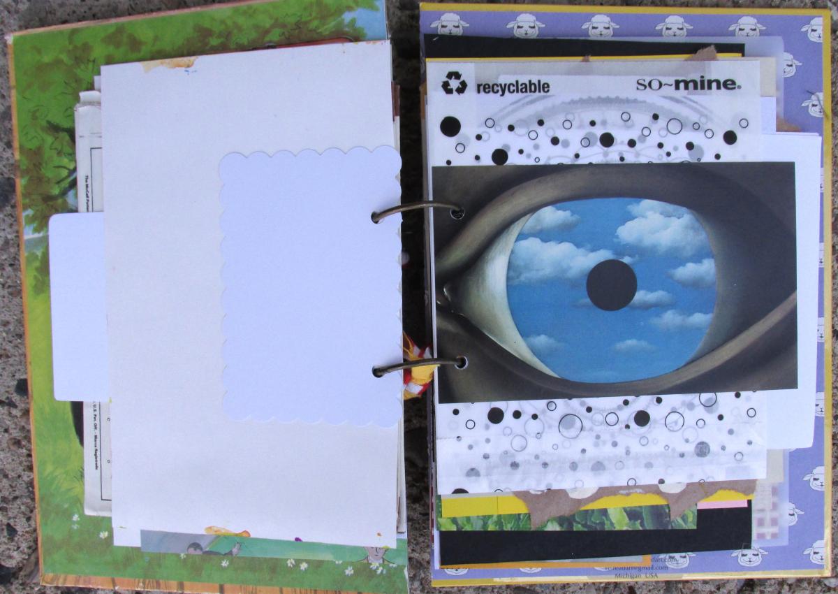 Open book with a picture of an eye and different text examples