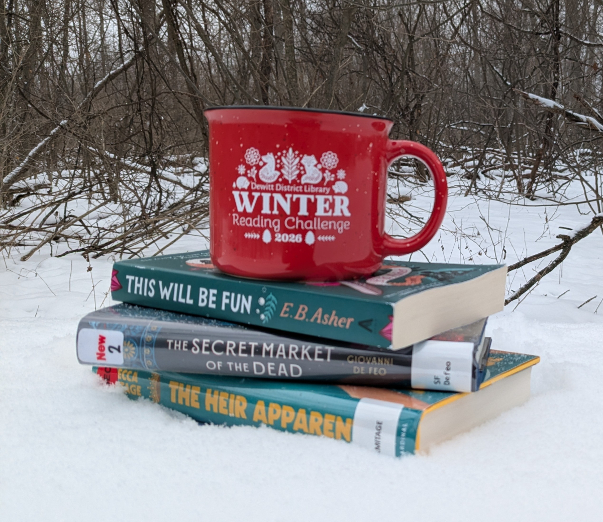 Red Winter Reading Mug atop a stack of books in the snow