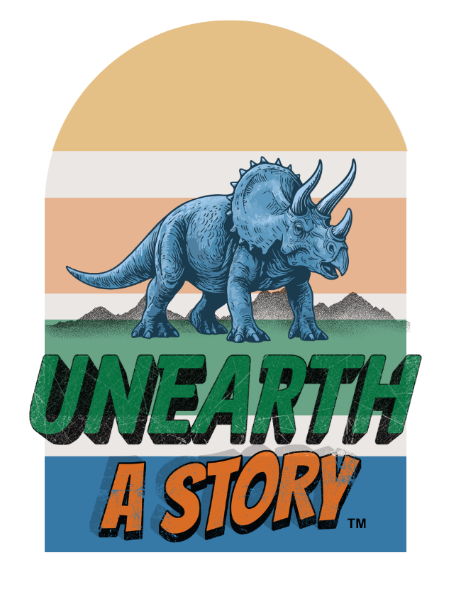 dinosaur over the words unearth a story