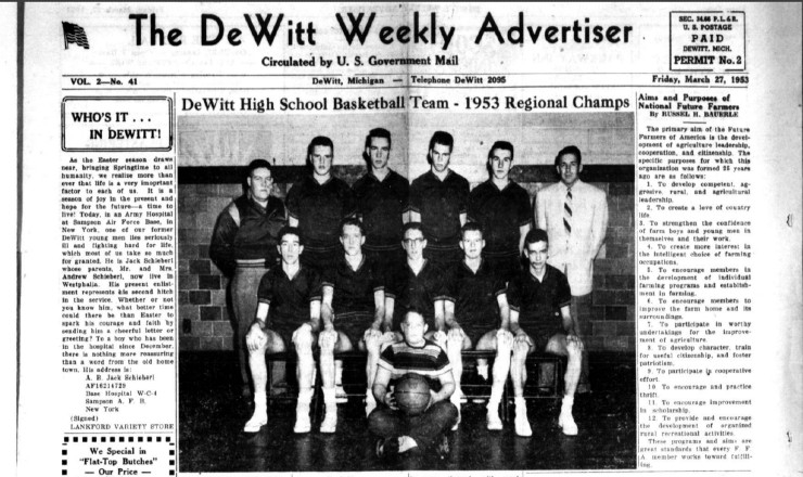 Front Page of a 1953 issue of the DeWitt Weekly Advertiser 
