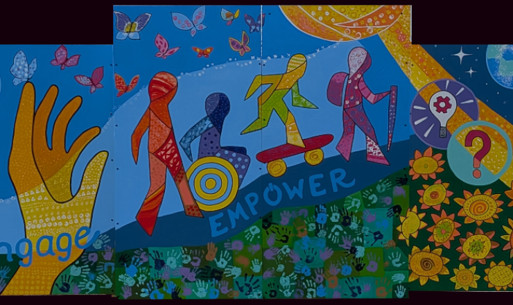 image of the DeWitt District Library community mural, a colorful painting filled with abstract shapes of people, books, flowers, birds, the sun, stars, Earth, and words that read: empower, explore, enrich.