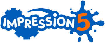 "Impression 5" logo with blue gear outlines, white text, a blue splatter with an orange number '5' over the splatter.